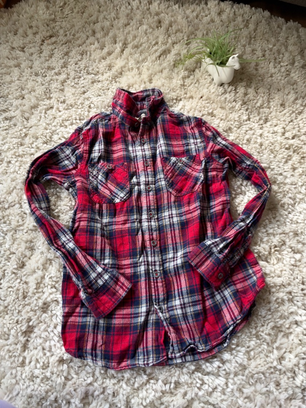 Long-sleeve Cherokee Red, Navy & White Plaid Button-Down Shirt casual button-fro